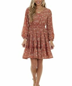 Hayden Dresses Salmon Floral Puff Sleeve Tiered Blouson Dress