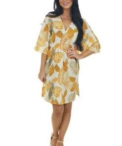 Entro Dresses Ivory And Amber Leaf Print Half Sleeve Dress