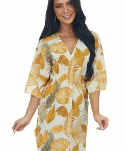 Entro Dresses Ivory And Amber Leaf Print Half Sleeve Dress