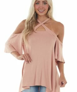 Fantastic Fawn Peach Flutter Sleeve Cold Shoulder Halter Top Tops
