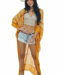 ANGIE Tops Marigold Damask Kimono With Pom Pom Detail
