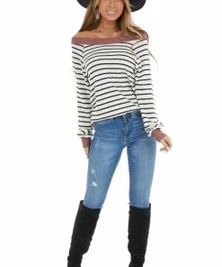 Staccato Tops Off White Striped Stretchy Knit Top With Dusty Coral Trim
