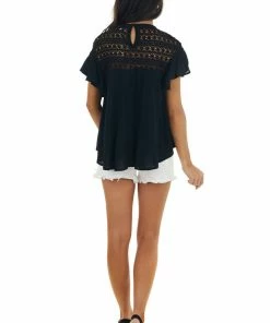Umgee Black Lace Yoke Short Sleeve Ruffle Top