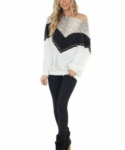 CY Fashion Black And White Long Sleeve Top With Animal Print Contrast Tops