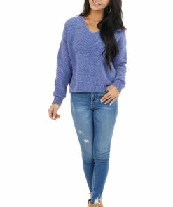 HYFVE Dusty Blue Two Tone Slightly Cropped Sweater With V Neck