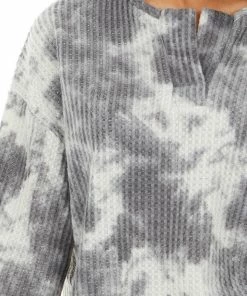 12PM Charcoal Tie Dye Print Waffle Knit Long Sleeve V Neck Top