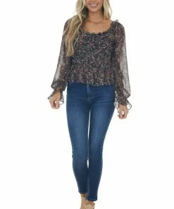 FSL APPAREL Tops Black Paisley Print Smocked Back Peplum Blouse