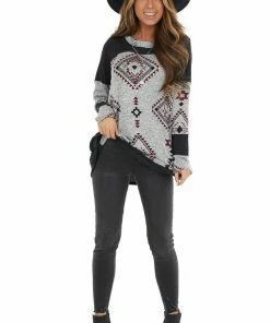 RAE MODE Black Two Tone Aztec Print Knit Top With Raw Edge Details