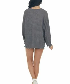 143 Story Tops Charcoal Snap Button Side Slit Waffle Knit Top