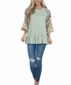 Davi & Dani Sage Multiprint Ruffled Hem Waffle Knit Top