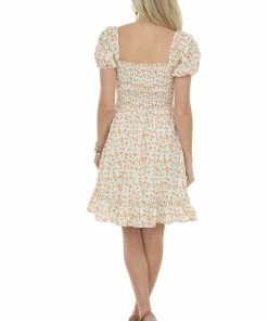 Sweet Lemon Ivory And Sunset Floral Smocked Short Dress