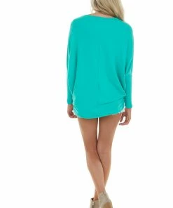 Charlotte Avery Tops Aquamarine Round Neck Top With Long Dolman Sleeves