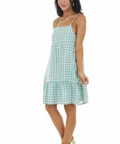 Entro Dresses Faded Juniper Gingham Sleeveless Short Dress