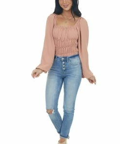 Entro Tops Ginger Smocked Frill Puff Sleeve Bodysuit