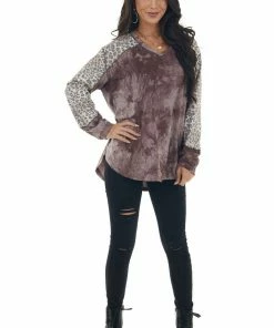 Easel Mauve Tie Dye And Animal Print Long Sleeve Top Tops