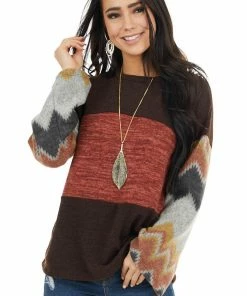 RAE MODE Chocolate Brown And Marsala Knit Top With Aztec Print Sleeve Tops 26 RAE MODE Chocolate Brown And Marsala Knit Top With Aztec Print Sleeve Tops