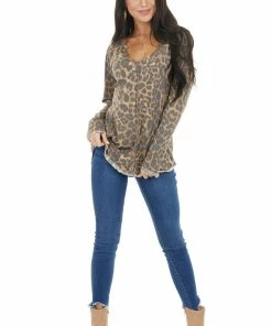BiBi Tops Camel Leopard Print Knit Top With Reverse Stitch Details 29 BiBi Tops Camel Leopard Print Knit Top With Reverse Stitch Details