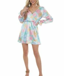 Peach Love Seafoam Floral Print Surplice Satin Short Dress Dresses