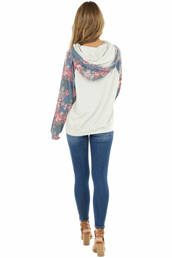 12PM Tops Cream And Dusty Cornflower Floral Hoodie With Drawstrings 4 12PM Tops Cream And Dusty Cornflower Floral Hoodie With Drawstrings