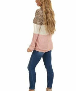 7th Ray Dusty Blush Colorblock Waffle Knit Top With Long Sleeves Tops