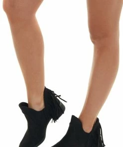 Brand Headquarters Black Plunging Ankle Booties With Fringe Shoes