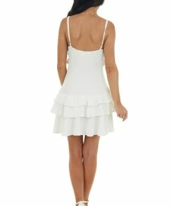 Peach Love Ivory Sleeveless Front Tie Ruffled Mini Dress Dresses