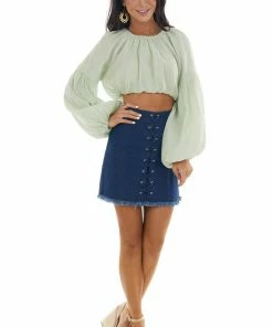 Emory Park Dusty Sage Long Bubble Sleeve Woven Crop Top Tops
