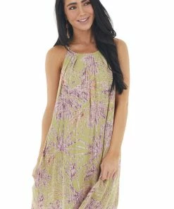 Staccato Pistachio Tropical Print Short Dress With Halter Neckline Dresses