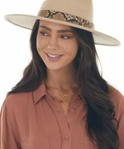 Fame Accessories Latte Wide Brim Wool Hat With Faux Snakeskin Trim Detail