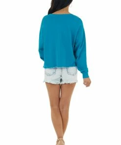 Trend Notes Rich Teal Long Sleeve Sweatshirt With Tiger Graphic Tops