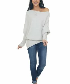 Lime Lush Dove Grey Ribbed Knit Asymmetrical Off The Shoulder Top Tops