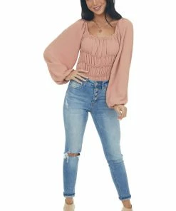 Entro Tops Ginger Smocked Frill Puff Sleeve Bodysuit