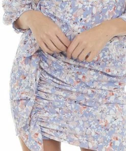 Entro Dresses Lavender Floral Long Sleeve Ruched Short Dress