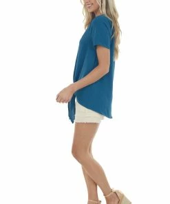 FSL APPAREL Sea Blue Short Sleeve Button Up Top With Front Tie Detail Tops