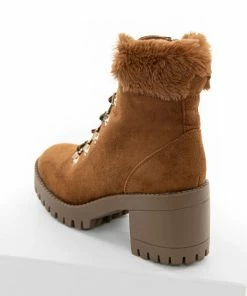 Let's See Style Caramel Faux Suede Lace Up Heeled Lug Booties