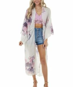 Trend Notes Ivory Large Floral Print Open Front Woven Duster Kimono