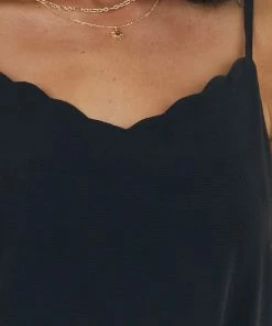 GiGiO Tops Black Sleeveless Tank Top With Scalloped Neckline
