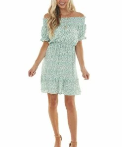 Umgee Arctic Blue Ditsy Floral Off Shoulder Dress
