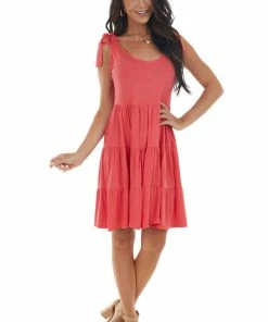 143 Story Watermelon Tiered Tie Strap Knit Short Dress