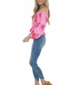 Entro Hot Pink And Red Floral Print Off The Shoulder Knit Top Tops
