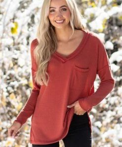 Reborn J Tops Rust V Neck Waffle Knit Top With Chest Pocket