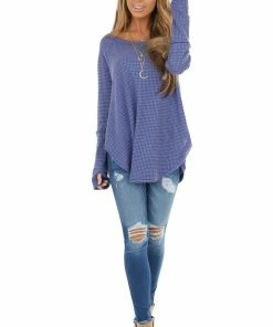 BucketList Tops Dusty Blue Waffle Knit Long Sleeve Top With Thumb Holes