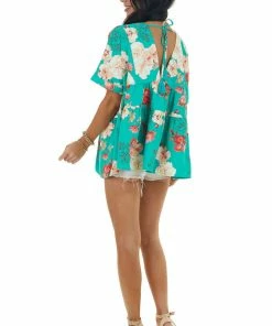 Entro Jade Green Floral Print V Neck Babydoll Top Tops