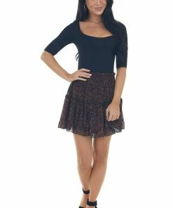 Peach Love Black Ditsy Floral Tiered Smocked Mini Skirt Bottoms 14 Peach Love Black Ditsy Floral Tiered Smocked Mini Skirt Bottoms