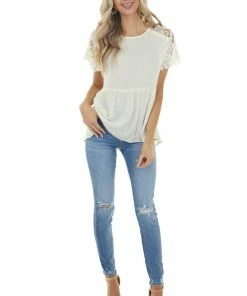 143 Story Cream Swiss Dot Woven Top With Lace Short Sleeves Tops