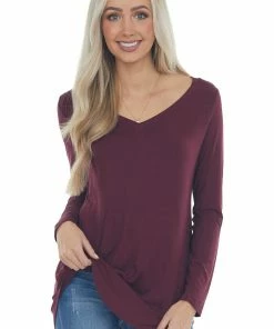 ZENANA Tops Wine Rounded Hem V Neck Soft Knit Top