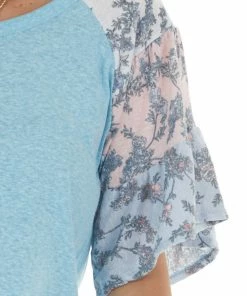 BiBi Azure And Floral Print Sleeve Raglan Top Tops