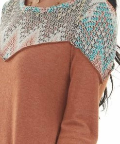 Lovely Melody Sandstone Brushed Knit Top With Printed Yoke