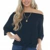 First Love Black Waffle Knit Boat Neck Top With Tie Tops