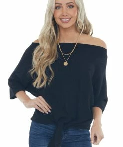 First Love Black Waffle Knit Boat Neck Top With Tie Tops